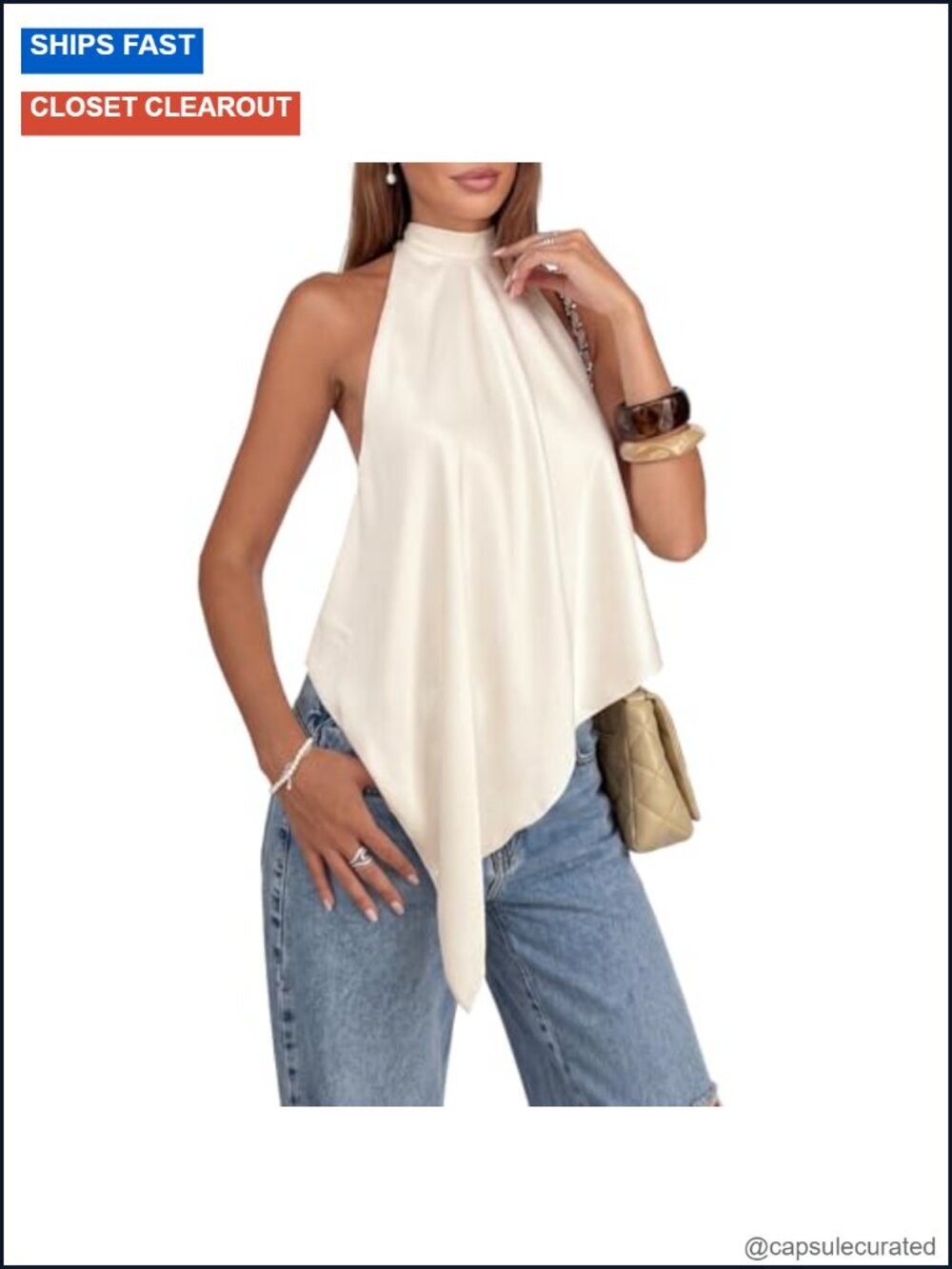 Silk Halter Top Backless Sleeveless Cami High Neck Asymmetrical Hem Night Out